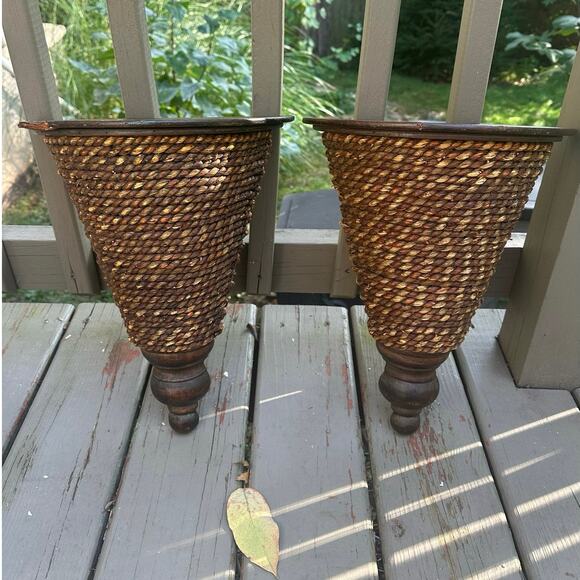 Set of 2 wicker wall shelves sconces plant holders display jute wood pair hang - Picture 5 of 16